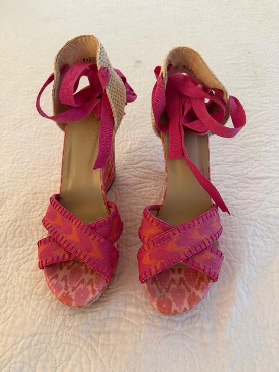 Stuart Weitzman Shoes - Theodora & Callum Bright Pink Patterned Wedge Sandals with Ankle Tie, Size 8 1/2
